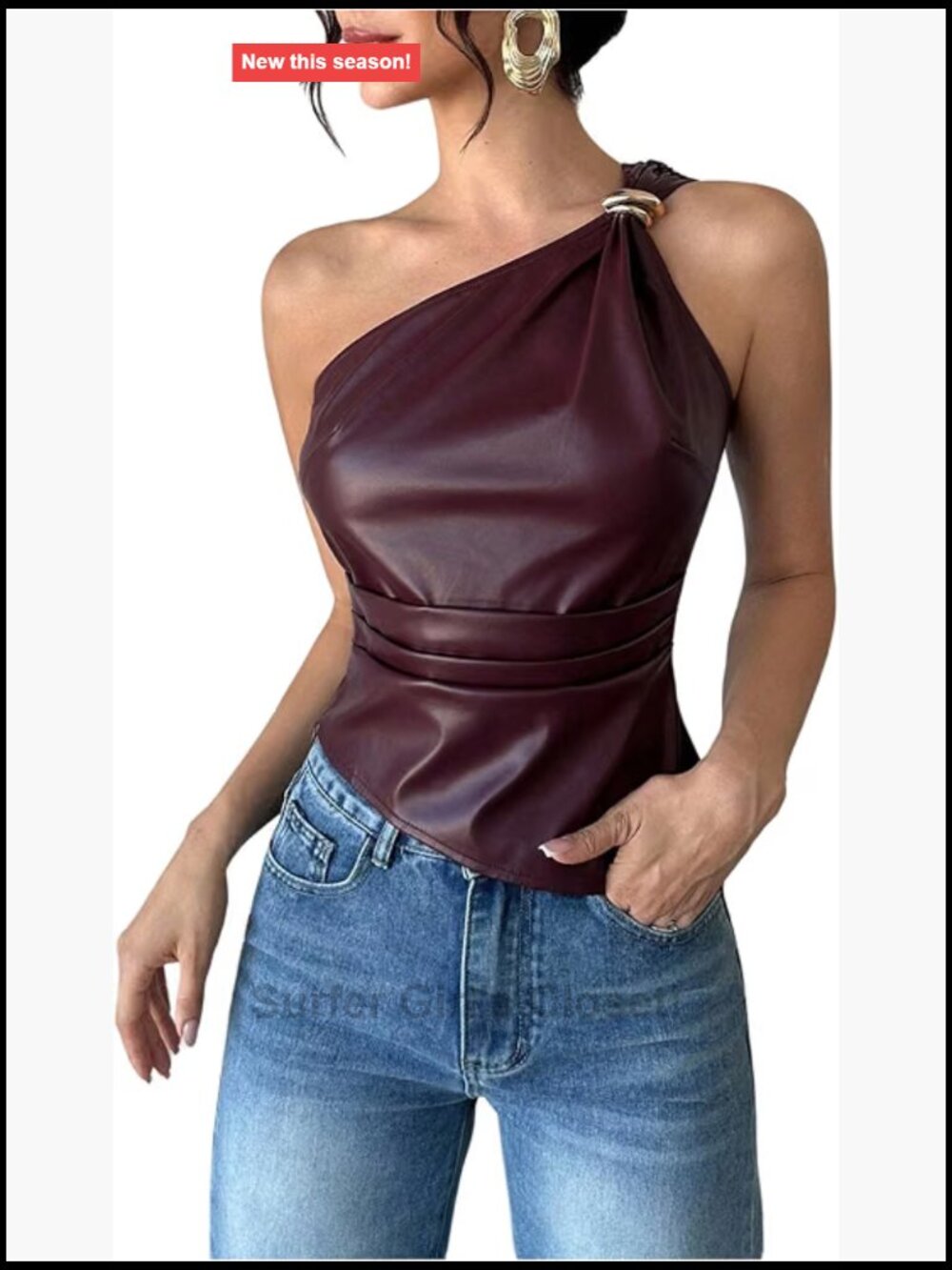 One Shoulder PU Leather Tank Top Sleeveless Ruched Night Out